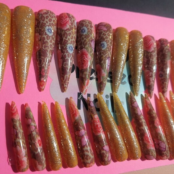 Floral Orange Shimmer Leopard Print Stiletto Press on Nails - Picture 2 of 4